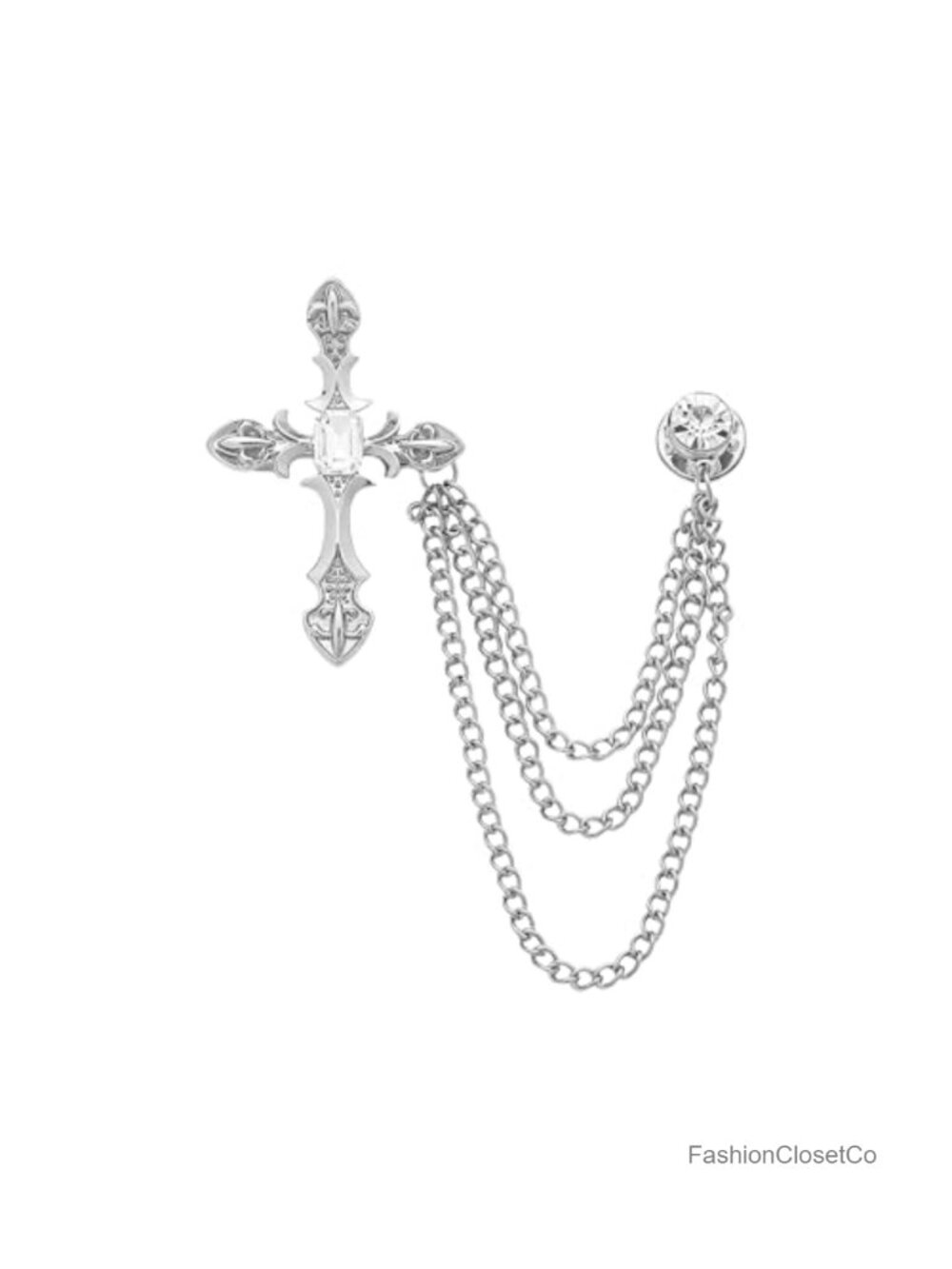 Gothic Cross Brooch Lapel Pin Crystal Tassel Chain Alloy Unisex